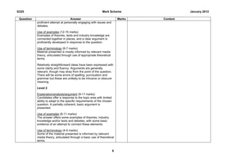 G325                                                           Mark Scheme                      January 2012

 Question                             Answer                                  Marks   Content
            proficient attempt at personally engaging with issues and
            debates.

            Use of examples (12-15 marks)
            Examples of theories, texts and industry knowledge are
            connected together in places, and a clear argument is
            proficiently developed in response to the question.

            Use of terminology (6-7 marks)
            Material presented is mostly informed by relevant media
            theory, articulated through use of appropriate theoretical
            terms.

            Relatively straightforward ideas have been expressed with
            some clarity and fluency. Arguments are generally
            relevant, though may stray from the point of the question.
            There will be some errors of spelling, punctuation and
            grammar but these are unlikely to be intrusive or obscure
            meaning.

            Level 2

            Explanation/analysis/argument (8-11 marks)
            Candidates offer a response to the topic area with limited
            ability to adapt to the specific requirements of the chosen
            question. A partially coherent, basic argument is
            presented.

            Use of examples (8-11 marks)
            The answer offers some examples of theories, industry
            knowledge and/or texts and debates, with some basic
            evidence of an attempt to connect these elements.

            Use of terminology (4-5 marks)
            Some of the material presented is informed by relevant
            media theory, articulated through a basic use of theoretical
            terms.


                                                                          8
 
