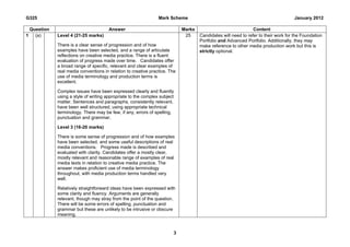 G325                                                            Mark Scheme                                                         January 2012

  Question                             Answer                               Marks                              Content
1   (a)      Level 4 (21-25 marks)                                           25     Candidates will need to refer to their work for the Foundation
                                                                                    Portfolio and Advanced Portfolio. Additionally, they may
             There is a clear sense of progression and of how                       make reference to other media production work but this is
             examples have been selected, and a range of articulate                 strictly optional.
             reflections on creative media practice. There is a fluent
             evaluation of progress made over time. Candidates offer
             a broad range of specific, relevant and clear examples of
             real media conventions in relation to creative practice. The
             use of media terminology and production terms is
             excellent.

             Complex issues have been expressed clearly and fluently
             using a style of writing appropriate to the complex subject
             matter. Sentences and paragraphs, consistently relevant,
             have been well structured, using appropriate technical
             terminology. There may be few, if any, errors of spelling,
             punctuation and grammar.

             Level 3 (16-20 marks)

             There is some sense of progression and of how examples
             have been selected, and some useful descriptions of real
             media conventions. Progress made is described and
             evaluated with clarity. Candidates offer a mostly clear,
             mostly relevant and reasonable range of examples of real
             media texts in relation to creative media practice. The
             answer makes proficient use of media terminology
             throughout, with media production terms handled very
             well.

             Relatively straightforward ideas have been expressed with
             some clarity and fluency. Arguments are generally
             relevant, though may stray from the point of the question.
             There will be some errors of spelling, punctuation and
             grammar but these are unlikely to be intrusive or obscure
             meaning.



                                                                        3
 