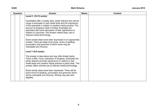 G325                                                           Mark Scheme                    January 2012

 Question                             Answer                                Marks   Content
            Level 2 (10-15 marks)

            Candidates offer a mostly clear, partly relevant and narrow
            range of examples of real media texts and the importance
            of the examples in relation to creative media practice. The
            account of progress made is limited. Examples are
            described with some discussion of their significance in
            relation to outcomes. The answer makes basic use of
            relevant media terminology.

            Some simple ideas have been expressed in an appropriate
            context. There are likely to be some errors of spelling,
            punctuation and grammar of which some may be
            noticeable and intrusive.

            Level 1 (0-9 marks)

            The answer is descriptive and may offer limited clarity.
            There is little, if any, evaluation of progress. Examples are
            partly relevant and their significance in relation to real
            media texts and creative media practice is partly clear. The
            answer offers minimal use of relevant media terminology.

            Some simple ideas have been expressed. There will be
            some errors of spelling, punctuation and grammar which
            will be noticeable and intrusive. Writing may also lack
            legibility.




                                                                       4
 