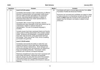 G325                                                            Mark Scheme                                                      January 2012

  Question                             Answer                              Marks                             Content
1   (b)      Level 4 (21-25 marks)                                          25     Candidates will need to choose one production from either
                                                                                   Foundation Portfolio or Advanced Portfolio.
             Candidates demonstrate a clear understanding of different
             theories of representation and associated media theory                Examiners are reminded that candidates are asked to relate
             and can relate concepts articulately to the production                a media production to a theoretical concept and they are at
             outcome, describing specific elements in relation to                  liberty to either apply the concept to their production or
             theoretical ideas about how media representation is                   explain how the concept is not useful in relation to their
             understood and received.                                              production.
             Candidates offer a broad range of specific, relevant,
             interesting and clear examples of how their product can be
             understood in relation to relevant theories of
             representation. The use of conceptual language is
             excellent.
             Complex issues have been expressed clearly and fluently
             using a style of writing appropriate to the complex subject
             matter. Sentences and paragraphs, consistently relevant,
             have been well structured, using appropriate technical
             terminology. There may be few, if any, errors of spelling,
             punctuation and grammar.

             Level 3 (16-20 marks)
             Candidates demonstrate the ability to relate their own
             creative outcomes to some ideas about representation
             drawn from relevant media theory. Some relevant and
             convincing examples from the production are offered and
             these are handled proficiently. The answer makes
             proficient use of relevant conceptual language.
             Relatively straightforward ideas have been expressed with
             some clarity and fluency. Arguments are generally
             relevant, though may stray from the point of the question.
             There will be some errors of spelling, punctuation and
             grammar but these are unlikely to be intrusive or obscure
             meaning.


                                                                       5
 