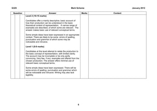 G325                                                          Mark Scheme                    January 2012

 Question                            Answer                                Marks   Content
            Level 2 (10-15 marks)

            Candidates offer a mainly descriptive, basic account of
            how their production can be understood in the basic
            theoretical context of representation. A narrow range of
            examples are described, of which some are relevant. The
            answer makes basic use of relevant conceptual terms.

            Some simple ideas have been expressed in an appropriate
            context. There are likely to be some errors of spelling,
            punctuation and grammar of which some may be
            noticeable and intrusive.

            Level 1 (0-9 marks)

            Candidates at this level attempt to relate the production to
            the basic concept of representation, with limited clarity.
            The account may be incomplete or be only partly
            convincing. Very few, if any, examples are offered from the
            chosen production. The answer offers minimal use of
            relevant basic conceptual terms.

            Some simple ideas have been expressed. There will be
            some errors of spelling, punctuation and grammar which
            will be noticeable and intrusive. Writing may also lack
            legibility.




                                                                      6
 