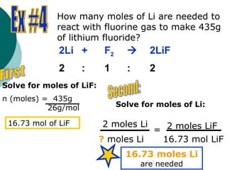 2Li + F2  2LiF
2 : 1 : 2
How many moles of Li are needed to
react with fluorine gas to make 435g
of lithium fluoride?
Solve for moles of LiF:
n (moles) = 435g
26g/mol
16.73 mol of LiF
Solve for moles of Li:
2 moles Li
= 2 moles LiF
? moles Li 16.73 mol LiF
16.73 moles Li
are needed
 