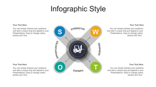 Infographic Style
You can simply impress your audience
and add a unique zing and appeal to your
Presentations. Easy to change colors,
photos and Text.
Your Text Here
You can simply impress your audience
and add a unique zing and appeal to your
Presentations. Easy to change colors,
photos and Text.
Your Text Here
You can simply impress your audience
and add a unique zing and appeal to your
Presentations. Easy to change colors,
photos and Text.
Your Text Here
You can simply impress your audience
and add a unique zing and appeal to your
Presentations. Easy to change colors,
photos and Text.
Your Text Here
S W
O T
 