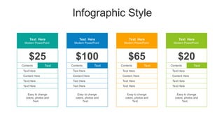 Infographic Style
Text Here
Modern PowerPoint
$25
Contents Text
Text Here
Content Here
Text Here
Text Here
Easy to change
colors, photos and
Text.
Text Here
Modern PowerPoint
$100
Contents Text
Text Here
Content Here
Text Here
Text Here
Easy to change
colors, photos and
Text.
Text Here
Modern PowerPoint
$65
Contents Text
Text Here
Content Here
Text Here
Text Here
Easy to change
colors, photos and
Text.
Text Here
Modern PowerPoint
$20
Contents Text
Text Here
Content Here
Text Here
Text Here
Easy to change
colors, photos and
Text.
 
