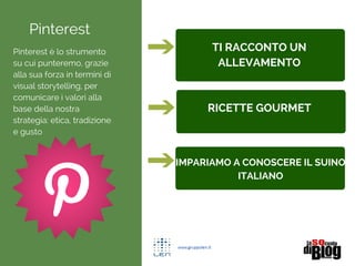 Pinterest
Pinterest  lo strumento
su cui punteremo, grazie
alla sua forza in termini di
visual storytelling, per
comunicare i valori alla
base della nostra
strategia: etica, tradizione
e gusto
TI RACCONTO UN
ALLEVAMENTO
RICETTE GOURMET
IMPARIAMO A CONOSCERE IL SUINO
ITALIANO
 