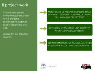 Il project work
Il Gran Suino Italiano
intende implementare un
nuovo progetto
comunicativo, partendo
dalla creazione del sito
web.
Gli obiettivi del progetto
sono tre:
MONITORARE LE AREE WEB E SOCIAL IN CUI
MOVIMENTI ESTREMISTI OPERANO A DANNO
DELL'IMMAGINE DEL SETTORE
DIFENDERSI ATTRAVERSO UNA CORRETTA
INFORMAZIONE DEGLI UTENTI
DEFINIRE I METODI E I LINGUAGGI ADATTI PER
INTERVENIRE NELLE CONVERSAZIONI IN RETE
 