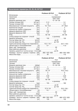 14
Protherm 20 TLO Protherm 30 TLO
Исполнение . . . . . . . . . . . . . . . . . . . . . . . . . . . . . . . . . . . . . . . . . . . .TLO
Зажигание . . . . . . . . . . . . . . . . . . . . . . . . . . . . . . . . . . . . . . . . . пьезорозжиг
Топливо . . . . . . . . . . . . . . . . . . . . . . . . . . . . . . . . . . . . . . . . . . . . G20 / G30
Входное давление газа. . . . . . . . . . . .[мбар]. . . . . . . . . . . . . . . 13 - 20 / 29
Расход топлива G20 . . . . . . . . . . . . [м3
/час.]. . . . . . . . 2,14 . . . . . . . . . . . . . . . . 3,1
Расход топлива G30 . . . . . . . . . . . . [кг/час.]. . . . . . . . .1,8 . . . . . . . . . . . . . . . . . 2,3
Максимальная тепловая мощность. . .[кВт]. . . . . . 18 / 19,2. . . . . . . . . . . . . 27 / 26,6
Количество секций . . . . . . . . . . . . . . . . [шт]. . . . . . . . . 3. . . . . . . . . . . . . . . . . . . 4
Количество трубок и форсунок . . . . . . [шт]. . . . . . . . . 2. . . . . . . . . . . . . . . . . . . 3
Диаметр форсунок G20 . . . . . . . . . . . . [мм]. . . . . . . . 2,65 . . . . . . . . . . . . . . . . 2,65
Диаметр форсунок G30 . . . . . . . . . . . . [мм]. . . . . . . . .1,7 . . . . . . . . . . . . . . . . . 1,6
КПД. . . . . . . . . . . . . . . . . . . . . . . . . . . . . . [%]. . . . . . . 90 / 89 . . . . . . . . . . . . . . 90 / 89
Отвод продуктов сгорания - способ . . . . . . . . . . . . . . . . . . . . . .в дымоход
Диаметр дымохода . . . . . . . . . . . . . . . . [мм]. . . . . . . . 130. . . . . . . . . . . . . . . . . 130
Состав прод.сгор. СО . . . . . . . . . . . . [мг/м3] . . . . . . . . . . . . . . . . . до 40
Состав прод.сгор. Nox. . . . . . . . . . . . [мг/м3] . . . . . . . . . . . . . . . . до 150
Удельный расход продуктов сгорания[г/с] . . . . . . .19,3 / 16,7 . . . . . . . . . . . 22,7 / 16,5
Объем воды в теплообменнике. . . . . . . .[л]. . . . . . . . .9,1 . . . . . . . . . . . . . . . . . 11,6
Макс. раб. температура . . . . . . . . . . . . .[°C]. . . . . . . . . . . . . . . . . . . 85
Макс.рабочее давление . . . . . . . . . . . .[бар]. . . . . . . . . . . . . . . . . . . .4
Уровень шума(1м от котла на выс. 1,5 м) [дБ] . . . . . . . . . . . . . . . .до 55
Размеры - высота / ширина / глубина) [мм]. . . . 880 / 420 / 600 . . . . . . . .880 / 505 / 600
Масса без воды. . . . . . . . . . . . . . . . . . . . [кг]. . . . . . . . . 90 . . . . . . . . . . . . . . . . . 110
Protherm 40 TLO Protherm 50 TLO
Исполнение . . . . . . . . . . . . . . . . . . . . . . . . . . . . . . . . . . . . . . . . . . . .TLO
Зажигание . . . . . . . . . . . . . . . . . . . . . . . . . . . . . . . . . . . . . . . . . пьезорозжиг
Топливо . . . . . . . . . . . . . . . . . . . . . . . . . . . . . . . . . . . . . . . . . . . . G20 / G30
Входное давление газа. . . . . . . . . . . .[мбар]. . . . . . . . . . . . . . . 13 - 20 / 29
Расход топлива G20 . . . . . . . . . . . . [м3
/час.]. . . . . . . . . 4. . . . . . . . . . . . . . . . . . 5,2
Расход топлива G30 . . . . . . . . . . . . [кг/час.]. . . . . . . . .3,3 . . . . . . . . . . . . . . . . . 3,8
Максимальная тепловая мощность. . .[кВт]. . . . . . . 35 / 37 . . . . . . . . . . . . 44,5 / 44,5
Количество секций . . . . . . . . . . . . . . . . [шт]. . . . . . . . . 5. . . . . . . . . . . . . . . . . . . 6
Количество трубок и форсунок . . . . . . [шт]. . . . . . . . . 4. . . . . . . . . . . . . . . . . . . 5
Диаметр форсунок G20 . . . . . . . . . . . . [мм]. . . . . . . . 2,65 . . . . . . . . . . . . . . . . 2,65
Диаметр форсунок G30 . . . . . . . . . . . . [мм]. . . . . . . . .1,6 . . . . . . . . . . . . . . . . . 1,6
КПД. . . . . . . . . . . . . . . . . . . . . . . . . . . . . . [%]. . . . . . . 90 / 89 . . . . . . . . . . . . . . 90 / 89
Отвод продуктов сгорания - способ . . . . . . . . . . . . . . . . . . . . . .в дымоход
Диаметр дымохода . . . . . . . . . . . . . . . . [мм]. . . . . . . . 150. . . . . . . . . . . . . . . . . 180
Состав прод.сгор. СО . . . . . . . . . . . . [мг/м3] . . . . . . . . . . . . . . . . . до 40
Состав прод.сгор. Nox. . . . . . . . . . . . [мг/м3] . . . . . . . . . . . . . . . . до 150
Удельный расход продуктов сгорания[г/с] . . . . . . . 27,9 / 24. . . . . . . . . . . . 35,5 / 36,1
Объем воды в теплообменнике. . . . . . . .[л]. . . . . . . . 14,1 . . . . . . . . . . . . . . . . 16,6
Макс. раб. температура . . . . . . . . . . . . .[°C]. . . . . . . . . . . . . . . . . . . 85
Макс.рабочее давление . . . . . . . . . . . .[бар]. . . . . . . . . . . . . . . . . . . .4
Уровень шума(1м от котла на выс. 1,5 м) [дБ] . . . . . . . . . . . . . . . .до 55
Размеры - высота / ширина / глубина) [мм]. . . . 880 / 590 / 620 . . . . . . . .880 / 675 / 620
Масса без воды. . . . . . . . . . . . . . . . . . . . [кг]. . . . . . . . 130. . . . . . . . . . . . . . . . . 150
Технические параметры 20, 30, 40, 50 TLO
 
