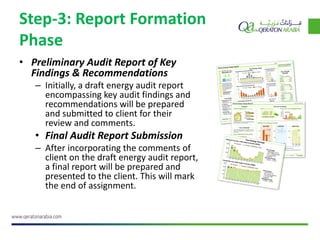 Step-3: Report Formation
Phase
• Preliminary Audit Report of Key
Findings & Recommendations
– Initially, a draft energy audit report
encompassing key audit findings and
recommendations will be prepared
and submitted to client for their
review and comments.
• Final Audit Report Submission
– After incorporating the comments of
client on the draft energy audit report,
a final report will be prepared and
presented to the client. This will mark
the end of assignment.
 