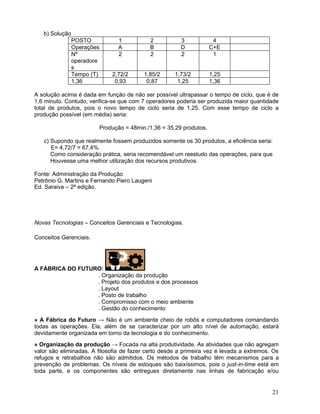 b) Solução
POSTO 1 2 3 4
Operações A B D C+E
Nº
operadore
s
2 2 2 1
Tempo (T) 2,72/2 1,85/2 1,73/2 1,25
1,36 0,93 0,87 1,25 1,36
A solução acima é dada em função de não ser possível ultrapassar o tempo de ciclo, que é de
1,6 minuto. Contudo, verifica-se que com 7 operadores poderia ser produzida maior quantidade
total de produtos, pois o novo tempo de ciclo seria de 1,25. Com esse tempo de ciclo a
produção possível (em média) seria:
Produção = 48min./1,36 = 35,29 produtos.
c) Supondo que realmente fossem produzidos somente os 30 produtos, a eficiência seria:
E= 4,72/7 = 67,4%.
Como consideração prática, seria recomendável um reestudo das operações, para que
Houvesse uma melhor utilização dos recursos produtivos.
Fonte: Administração da Produção
Petrônio G. Martins e Fernando Piero Laugeni
Ed. Saraiva – 2ª edição.
Novas Tecnologias – Conceitos Gerenciais e Tecnologias.
Conceitos Gerenciais.
A FÁBRICA DO FUTURO:
. Organização da produção
. Projeto dos produtos e dos processos
. Layout
. Posto de trabalho
. Compromisso com o meio ambiente
. Gestão do conhecimento
» A Fábrica do Futuro → Não é um ambiente cheio de robôs e computadores comandando
todas as operações. Ela, além de se caracterizar por um alto nível de automação, estará
devidamente organizada em torno da tecnologia e do conhecimento.
» Organização da produção → Focada na alta produtividade. As atividades que não agregam
valor são eliminadas. A filosofia de fazer certo desde a primeira vez é levada a extremos. Os
refugos e retrabalhos não são admitidos. Os métodos de trabalho têm mecanismos para a
prevenção de problemas. Os níveis de estoques são baixíssimos, pois o just-in-time está em
toda parte, e os componentes são entregues diretamente nas linhas de fabricação e/ou
21
 