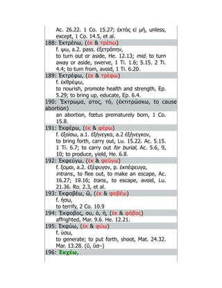 Ac. 26.22. 1 Co. 15.27; ἐκτὸς εἰ μή, unless,
except, 1 Co. 14.5, et al.
188: Ἐκτρέπω, (ἐκ  τρέπω)
f. ψω, a.2. pass. ἐξετράπην,
to turn out or aside, He. 12.13; mid. to turn
away or aside, swerve, 1 Ti. 1.6; 5.15. 2 Ti.
4.4; to turn from, avoid, 1 Ti. 6.20.
189: Ἐκτρέφω, (ἐκ  τρέφω)
f. ἐκθρέψω,
to nourish, promote health and strength, Ep.
5.29; to bring up, educate, Ep. 6.4.
190: Ἔκτρωμα, ατος, τό, (ἐκτιτρώσκω, to cause
abortion)
an abortion, fœtus prematurely born, 1 Co.
15.8.
191: Ἐκφέρω, (ἐκ  φέρω)
f. ἐξοίσω, a.1. ἐξήνεγκα, a.2 ἐξήνεγκον,
to bring forth, carry out, Lu. 15.22. Ac. 5.15.
1 Ti. 6.7; to carry out for burial, Ac. 5.6, 9,
10; to produce, yield, He. 6.8.
192: Ἐκφεύγω, (ἐκ  φεύγω)
f. ξομαι, a.2. ἐξέφυγον, p. ἐκπέφευγα,
intrans., to flee out, to make an escape, Ac.
16.27; 19.16; trans., to escape, avoid, Lu.
21.36. Ro. 2.3, et al.
193: Ἐκφοβέω, ῶ, (ἐκ  φοβέω)
f. ήσω,
to terrify, 2 Co. 10.9
194: Ἔκφοβος, ου, ὁ, ἡ, (ἐκ  φόβος)
affrighted, Mar. 9.6. He. 12.21.
195: Ἐκφύω, (ἐκ  φύω)
f. ύσω,
to generate; to put forth, shoot, Mat. 24.32.
Mar. 13.28. (ῠ, ῡσ–)
196: Ἐκχέω,
 