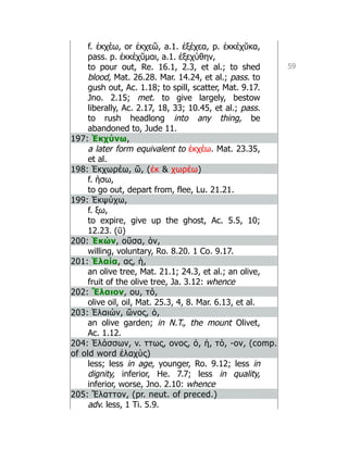 59
f. ἐκχέω, or ἐκχεῶ, a.1. ἐξέχεα, p. ἐκκέχῠκα,
pass. p. ἐκκέχῠμαι, a.1. ἐξεχύθην,
to pour out, Re. 16.1, 2.3, et al.; to shed
blood, Mat. 26.28. Mar. 14.24, et al.; pass. to
gush out, Ac. 1.18; to spill, scatter, Mat. 9.17.
Jno. 2.15; met. to give largely, bestow
liberally, Ac. 2.17, 18, 33; 10.45, et al.; pass.
to rush headlong into any thing, be
abandoned to, Jude 11.
197: Ἐκχύνω,
a later form equivalent to ἐκχέω. Mat. 23.35,
et al.
198: Ἐκχωρέω, ῶ, (ἐκ  χωρέω)
f. ήσω,
to go out, depart from, flee, Lu. 21.21.
199: Ἐκψύχω,
f. ξω,
to expire, give up the ghost, Ac. 5.5, 10;
12.23. (ῡ)
200: Ἑκών, οῦσα, όν,
willing, voluntary, Ro. 8.20. 1 Co. 9.17.
201: Ἐλαία, ας, ἡ,
an olive tree, Mat. 21.1; 24.3, et al.; an olive,
fruit of the olive tree, Ja. 3.12: whence
202: Ἔλαιον, ου, τό,
olive oil, oil, Mat. 25.3, 4, 8. Mar. 6.13, et al.
203: Ἐλαιών, ῶνος, ὁ,
an olive garden; in N.T., the mount Olivet,
Ac. 1.12.
204: Ἐλάσσων, v. ττως, ονος, ὁ, ἡ, τό, -ον, (comp.
of old word ἐλαχύς)
less; less in age, younger, Ro. 9.12; less in
dignity, inferior, He. 7.7; less in quality,
inferior, worse, Jno. 2.10: whence
205: Ἔλαττον, (pr. neut. of preced.)
adv. less, 1 Ti. 5.9.
 