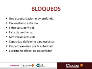BLOQUEOS
   Una especialización muy profunda.
   Racionalismo extremo.
   Enfoque superficial.
   Falta de confianza.
   Motivación reducida.
   Capacidad deficiente para escuchar.
   Respeto excesivo por la autoridad.
   Espíritu no crítico, no observador.
 