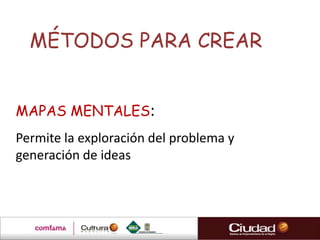 MÉTODOS PARA CREAR


MAPAS MENTALES:
Permite la exploración del problema y
generación de ideas
 