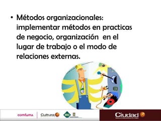• Métodos organizacionales:
  implementar métodos en practicas
  de negocio, organización en el
  lugar de trabajo o el modo de
  relaciones externas.
 