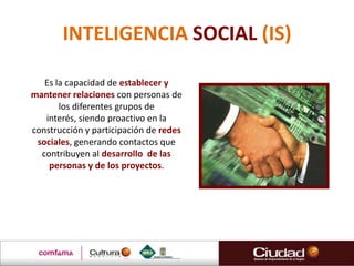 INTELIGENCIA SOCIAL (IS)

   Es la capacidad de establecer y
mantener relaciones con personas de
       los diferentes grupos de
   interés, siendo proactivo en la
construcción y participación de redes
 sociales, generando contactos que
  contribuyen al desarrollo de las
    personas y de los proyectos.
 
