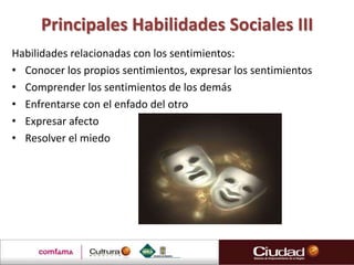 Principales Habilidades Sociales III
Habilidades relacionadas con los sentimientos:
• Conocer los propios sentimientos, expresar los sentimientos
• Comprender los sentimientos de los demás
• Enfrentarse con el enfado del otro
• Expresar afecto
• Resolver el miedo
 
