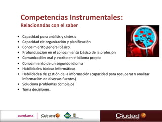 Competencias Instrumentales:
    Relacionadas con el saber
• Capacidad para análisis y síntesis
• Capacidad de organización y planificación
• Conocimiento general básico
• Profundización en el conocimiento básico de la profesión
• Comunicación oral y escrito en el idioma propio
• Conocimiento de un segundo idioma
• Habilidades básicas informáticas
• Habilidades de gestión de la información (capacidad para recuperar y analizar
  información de diversas fuentes)
• Soluciona problemas complejos
• Toma decisiones.
 