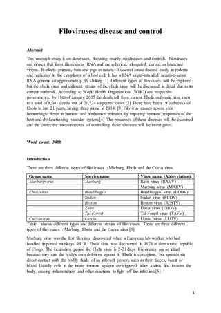 1
Filoviruses: disease and control
Abstract
This research essay is on filoviruses, focusing mainly on diseases and controls. Filoviruses
are viruses that form filamentous RNA and are spherical, elongated, curved or branched
virions. It infects primate, bats and pigs in nature. It doesn’t cause disease easily in rodents
and replicates in the cytoplasm of a host cell. It has a RNA single-stranded negative-sense
RNA genome of approximately 19 kb long.[1] Different types of filoviluses will be explored
but the ebola virus and different strains of the ebola virus will be discussed in detail due to its
current outbreak. According to World Health Organization (WHO) and respective
governments, by 18th of January 2015 the death toll from current Ebola outbreak have risen
to a total of 8,641 deaths out of 21,724 suspected cases.[2] There have been 19 outbreaks of
Ebola in last 21 years, having three alone in 2014. [3] Filovirus causes severe viral
hemorrhagic fever in humans and nonhuman primates by imparing immune responses of the
host and dysfunctioning vascular system.[4] The processes of these diseases will be examined
and the corrective measurements of controlling those diseases will be investigated.
Word count: 3488
Introduction
There are three different types of filoviruses : Marburg, Ebola and the Cueva virus.
Genus name Species name Virus name (Abbreviation)
Marburgvirus Marburg Ravn virus (RAVV)
Marburg virus (MARV)
Ebolavirus Bundibugyo Bundibugyo virus (BDBV)
Sudan Sudan virus (SUDV)
Reston Reston virus (RESTV)
Zaire Ebola virus (EBOV)
Taï Forest Taï Forest virus (TAFV)
Cuevavirus Lloviu Lloviu virus (LLOV)
Table 1 shows different types and different strains of filoviruses. There are three different
types of filoviruses : Marburg, Ebola and the Cueva virus.[5]
Marburg virus was the first filovirus discovered when a European lab worker who had
handled imported monkeys fell ill. Ebola virus was discovered in 1976 in democratic republic
of Congo. The incubation period for Ebola virus is 2-21 days. Filoviruses are so lethal
because they turn the body's own defences against it. Ebola is contagious, but spreads via
direct contact with the bodily fluids of an infected person, such as their faeces, vomit or
blood. Usually cells in the innate immune system are triggered when a virus first invades the
body, causing inflammation and other reactions to fight off the infection.[6]
 