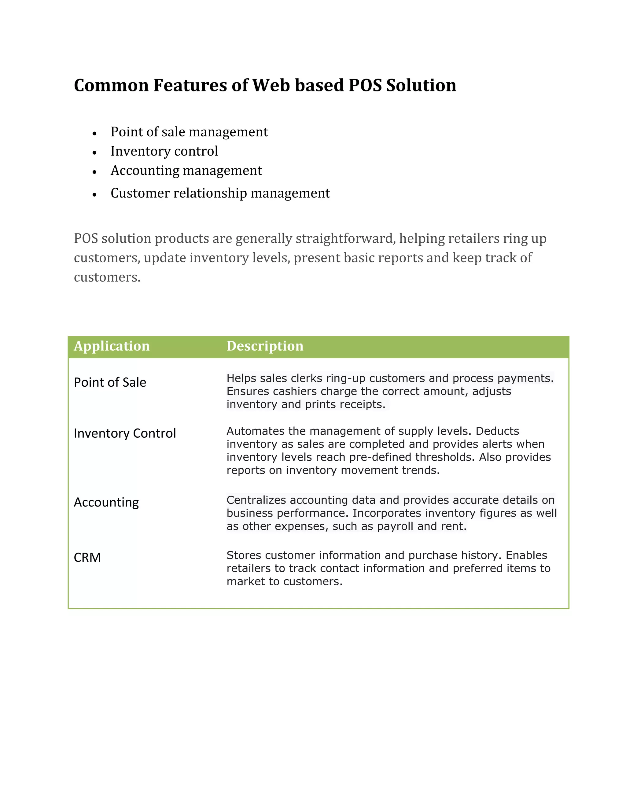 Common Features of Web based POS Solution
 Point of sale management
 Inventory control
 Accounting management
 Customer relationship management
POS solution products are generally straightforward, helping retailers ring up
customers, update inventory levels, present basic reports and keep track of
customers.
Application Description
Point of Sale Helps sales clerks ring-up customers and process payments.
Ensures cashiers charge the correct amount, adjusts
inventory and prints receipts.
Inventory Control Automates the management of supply levels. Deducts
inventory as sales are completed and provides alerts when
inventory levels reach pre-defined thresholds. Also provides
reports on inventory movement trends.
Accounting Centralizes accounting data and provides accurate details on
business performance. Incorporates inventory figures as well
as other expenses, such as payroll and rent.
CRM Stores customer information and purchase history. Enables
retailers to track contact information and preferred items to
market to customers.
 