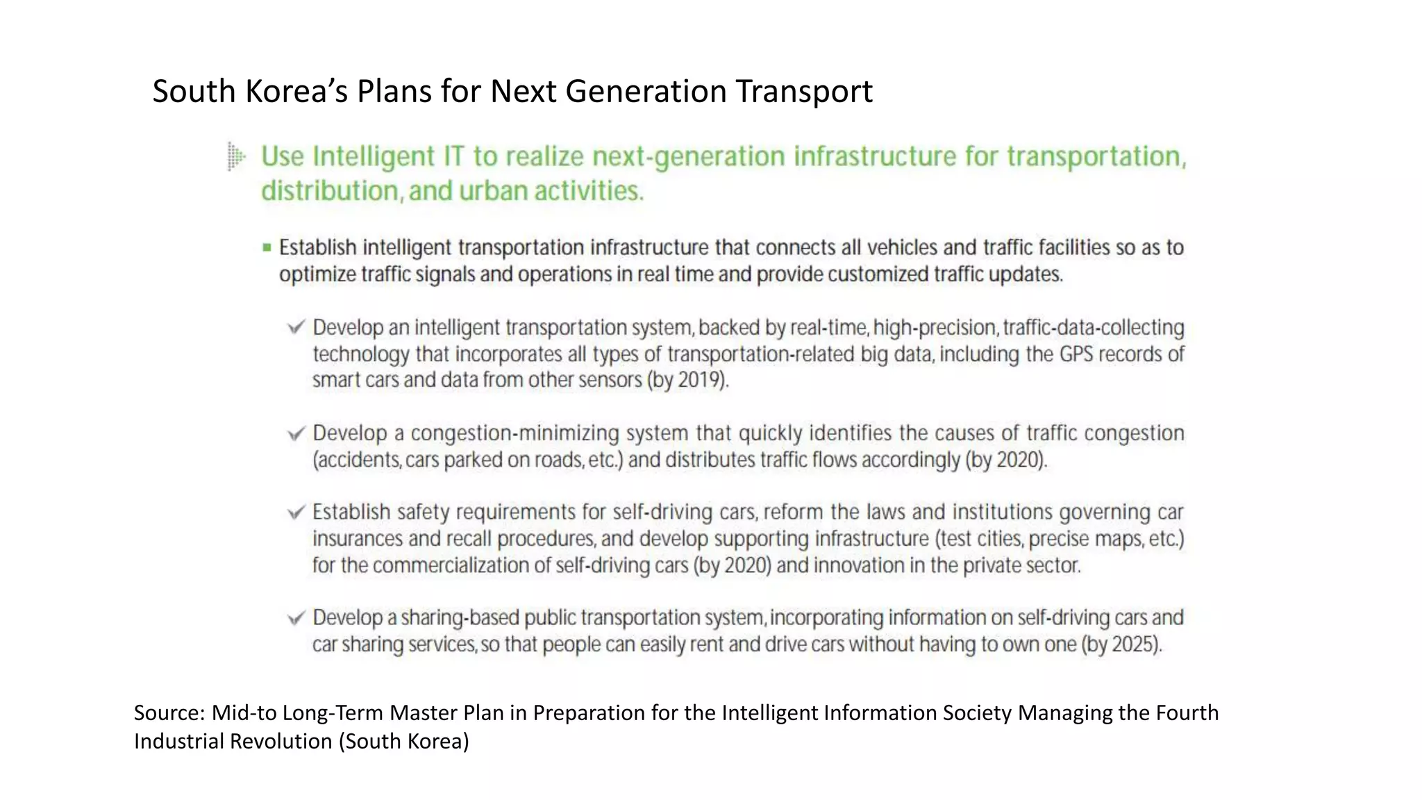 Source: Mid-to Long-Term Master Plan in Preparation for the Intelligent Information Society Managing the Fourth
Industrial Revolution (South Korea)
South Korea’s Plans for Next Generation Transport
 