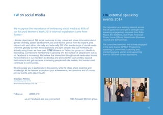 Our reputation as a leading network across
the UK goes from strength to strength from
speaking engagement requests from Rolls-
Royce, BT, Vodafone, DLA Piper, Financial
Times, Home Offices, Westminster Business
council and Everywoman.
FW committee members are actively engaged
in the early Career SPRINT Programme,
speaking at universities, coaching and
mentoring young women and supporting
them to fulfil their career aspirations.
FW external speaking
events 2014
FW on social media
We recognise the importance of embracing social media as 80% of
our Focused Women’s Week 2014 external registration came from
Twitter!
Ultimate objectives of FW social media are to stay connected, share information about
gender diversity, career development, ask and receive advice from the experts and
interact with each other internally and externally. FW offer a wide range of social media
channels globally to meet those objectives and I am pleased that our members are
actively using those: we have over 1,700 followers on Twitter, our group on LinkedIn is
expanding, Connections membership is growing and the number of people who like us
on Facebook is increasing. We believe that interaction through social media also boosts
the confidence in our members to develop and promote their own profiles, expand
their network and get exposure to amazing people and role models, find mentors and
contribute to communities.
We encourage you to participate in discussions, write the blogs, share expertise and
knowledge, let the network know about your achievements, ask questions and of course,
join our events. Let’s stay in touch!
Follow us 	 @RBS_FW
us on Facebook and stay connected! RBS Focused Women group
Anastasia Petrova
Global Deputy Chair for FW
Bank Partnerships Manager, GTS, CIB
1515
 