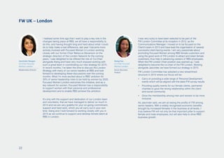 FW UK – London
I realised some time ago that I want to play a key role in the
changes taking place at RBS, we all have a responsibility to
do this, and having thought long and hard about what I could
do to help make a real difference, last year I became more
actively involved with Focused Women in London working
closely with our former Chair Rebecca Stevenson on the
strategic direction of the London Network for the coming
years. I was delighted to be offered the role of Co-Chair
alongside Xiang and have very much enjoyed working with
such a great team in coordinating our new strategy for 2015.
In recent months, I’ve taken the time to discuss the London
Strategy with many of our senior leaders at RBS and look
forward to developing these discussions over the coming
months. What I’m most excited about is RBS’ ambition for
30% of senior leadership roles to be held by women by 2020.
Focused Women London welcomes this initiative, and as a
key network for women, Focused Women has a responsibility
to support women with their personal and professional
development and to enable RBS achieve this ambition.
It’s only with the support and dedication of our London team
and volunteers, that we have managed to deliver so much in
2014 and we are very grateful for your on-going commitment,
support and hard work, which you all carry out in your own
time. Xiang and I look forward to working closely with you in
2015 as we continue to support and develop female talent at
RBS in London.
Jasvinder Devgon
Co-Chair Focused
Women London
Relationship Director
I was very lucky to have been selected to be part of the
FW London Committee at its inception in 2012, as the
Communications Manager. I moved on to be focused on the
Client’s team in 2013 and have lead the organisation of several
successful client-facing events. I am very passionate about
promoting Focused Women among RBS female customers and
using the good work of FW London to attract and retain female
customers, thus help in advancing careers of RBS employees.
When the FW London Chair position was opened up, I was
delighted to become the co-chair of the FW London. Working
alongside Jasvinder, we have formed our strategy in 2015.
FW London Committee has adopted a new streamlined
structure in 2014 where our focus will be:
•	 Carry on providing a wide range of Personal Development
events which will be aligned with the latest FW survey results
•	 Providing quality events for our female clients, partnered
charities to grow the strong relationship within the client
and social community
•	 Grow the membership among men and women to be more
inclusive
As Jasvinder said, we aim at raising the profile of FW among
senior leaders. With a widely recognised economic benefits
brought by increased females in the business at all levels, I
truly believe FW will not only be that important pillar to support
female and male employees, but will also help to drive RBS’
business growth.
Xiang Fan
Co-Chair Focused
Women London
Senior Business
Analyst
22
 