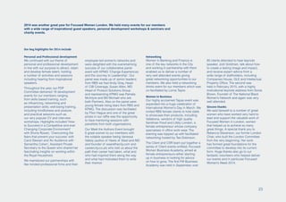 Personal and Professional development
We continued with our theme of
personal and professional development
in line with our purpose to attract, retain
and develop female talent, holding
a number of activities and sessions
including hearing from inspirational
speakers.
Throughout the year, our PDP
Committee delivered 18 development
events for our members ranging
from skills based training, such
as influencing, networking and
presentation skills; well-being training,
including mindfulness and posture,
and practical sessions such as
our very popular CV and interview
workshops. Highlights included ‘How
to Succeed in a Competitive and ever
Changing Corporate Environment’
with Shona Rowan, ‘Overcoming the
fears that prevent your success’ with
Carol Stewart and ‘An Audience with
Samantha Cohen’, Assistant Private
Secretary to the Queen who shared her
fascinating insights on working within
the Royal Household.
We maintained our partnerships with
like minded professional firms and their
employee led women’s networks and
were delighted with the overwhelming
success of our collaborative panel
event with KPMG ‘Change Experiences
and the Journey to Leadership’. Our
panel was made up of senior leaders;
from RBS we had Andy Gray, Head
of CIB Coverage, Susan Allen, MD
Head of Product Solutions Group
and representing KPMG was Pamela
McIntyre and Bill Michael who are
both Partners. Also on the panel were
young female rising stars from RBS and
KPMG. The discussion was facilitated
by Ffion Hague and one of the great
prizes in our raffle was the opportunity
to have mentoring sessions with
panellists from both organisations.
Our Meet the Authors Event brought
6 great women to our members with
the notable speaker being Vanessa
Vallely (author of Heels of Steel and MD
and founder of wearethecity.com and
careercity.co.uk) who told us about the
path their career had taken, what and
who had inspired them along the way
and what had motivated them to write
their memoir.
Networking
Women in Banking and Finance is
one of the key networks in the City
and working in partnership with them
enabled us to deliver a number of
very well attended events giving
great networking opportunities to our
members. We also held a networking
drinks event for our members which was
co-facilitated by Lorna Taylor.
Women in Business
Our highly acclaimed Tapas event was
expanded into a huge celebration of
International Women’s Day in March. We
invited RBS female clients to hold stalls
to showcase their products, including
Vallebona, vendors of high quality
Sardinian Food and Libby London, a
female entrepreneur whose company
specialises in office work wear. The
evening was topped up with facilitated
networking hosted by Tee Dobinson.
The Client and CSR team put together a
series of Client events entitled, Focused
Women Business Academy, aimed at
female entrepreneurs either starting
up in business or looking for advice
on how to grow. The first FW Business
Academy was held in September, over
80 clients attended to hear keynote
speaker, Jodi Goldman, talk about how
to create a lasting image and impact,
and receive expert advice from a
wide range of stallholders, including
Companies House, GLE and Intellectual
Property Office. The second was
held in February 2015, with a highly
motivational keynote address from Sonia
Brown, Founder of The National Black
Women’s Network and again was very
well attended.
Sincere thanks
We said farewell to a number of great
women who have worked very hard to
lead and support the valuable work of
Focused Women in London, women
that helped us to achieve so many
great things. A special thank you to
Rebecca Stevenson, our former London
Chair, who built the London Committee
from the very beginning. Her work
has formed great foundations for the
committee to develop into its current
form. Huge thanks also go to our
fantastic volunteers who helped deliver
our events and in particular Focused
Women’s Week 2014.
2014 was another great year for Focused Women London. We held many events for our members
with a wide range of inspirational guest speakers, personal development workshops & seminars and
charity events.
Our key highlights for 2014 include
23
 