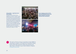 The team at Francis House would like to thank RBS for
choosing to support us through the Corporate Charity
Dinner. We hope everyone enjoys the evening and
digs deep to donate to your local children’s hospice.
A message from Francis House
Charity efforts – supporting Francis
House Hospice
Focused women UK North was
delighted to be able to support Francis
House Hospice who provide support
for children and young people with life-
limiting and life threatening conditions
as their charity partner for the second
year. With Hugh Ferris from BBC Radio
as the host for the evening and the
support of almost 180 RBS Corporate
Clients and 40 key Business Partners,
225 tables were sold and almost
£20,000 raised from our Gala dinner,
smashing our target of £7,000!
We are shaping our plans for 2015
and we will definitely continue with
Amber Programme, focusing on
leadership skills development.
28
 