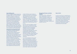Team building events
With the unsettling changes happening
throughout RBS in 2014 and the harsh
economic recession in Greece, FW
Greece recognised the importance
of supporting colleagues during this
time and rebuilding team solidarity. We
arranged three team building events:
Athens Clue, a live escape game
which truly required teamwork and
collaboration to escape the locked
room; a theatre event organised with
Break the Barriers team; and a night at
the Irodion theatre overlooking Acropolis
for an amazing one night performance
with renowned violinist Vanessa Mae.
Inspirational and empowering events
To celebrate International Women’s
week, FW Greece hosted an
Inspirational event at Piraeus Marine
Club themed around ‘Embracing
Change’ which was attended by almost
80 employees. We were joined by two
special guests, Peter Mellett, Managing
Director of Bankserve Insurance
Services, long time associates and
insurance consultants of our franchise,
and Maria Prevezanou, self made
Owner and Director of Evmar Marine
Services Ltd, who spoke about their
own inspirational career journeys and
how embracing change, has defined
their professional and personal lives.
In May FW Greece team hosted an
Empowerment event for all employees
with Empowerment coach, Dr. John
Kalogerakis. Our event took place
at The Piraeus Marine Club, themed
around ‘The Challenge of Excellence in
Times of Change’. 30 colleagues and
20 external clients attended, making our
event a major networking opportunity
as well.
Executive coach Kiki Maurey, shared
with us her own inspirational journey
and pointers about how we can better
‘Manage the Future by Managing
Change’ with over 50 colleagues
and almost 20 external clients,
including legal associates and women
professionals at WISTA (Women in
Shipping & Trading). The interactive
discussion provided a great opportunity
for us to rethink our thinking to better
cope with change and reset our
responses.
At our final inspirational event of the
year, we were joined by our WISTA
friends and associates, as well as our
solicitors, to welcome Mr. Panagiotis
Kotronaros, who climbed Mount Everest.
60 members of staff and 20 external
clients attended, and we were inspired
by the Everest Power Talk, and how by
having vision, determination and goals,
we can each reach our own Everest.
Recognising FW Greece committee
members
At the end of 2014, a dinner was
held in appreciation of the FW
Greece committee members’ hard
work and dedication, to reflect on
accomplishments of the year and
inspire/lead the team and thereby
colleagues with courage, creativity and
optimism into 2015.
Plans for 2015
In 2015 we will focus on supporting our
members and employees of the branch
to go through the change and gain the
skills of to build a personal brand. We
will arrange various networking events
and will work closely with HR and
Inclusion to develop tailored solutions
for the staff to allow them to grow
professionally and personally.
33
 