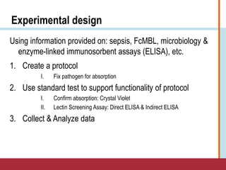 Experimental design
Using information provided on: sepsis, FcMBL, microbiology &
enzyme-linked immunosorbent assays (ELISA), etc.
1. Create a protocol
I. Fix pathogen for absorption
2. Use standard test to support functionality of protocol
I. Confirm absorption: Crystal Violet
II. Lectin Screening Assay: Direct ELISA & Indirect ELISA
3. Collect & Analyze data
 