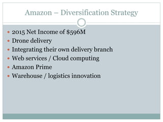 Amazon – Diversification Strategy
 2015 Net Income of $596M
 Drone delivery
 Integrating their own delivery branch
 Web services / Cloud computing
 Amazon Prime
 Warehouse / logistics innovation
 