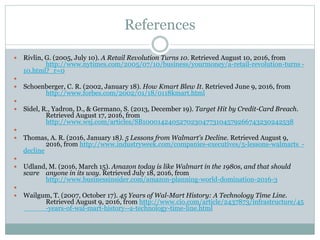 References
 Rivlin, G. (2005, July 10). A Retail Revolution Turns 10. Retrieved August 10, 2016, from
http://www.nytimes.com/2005/07/10/business/yourmoney/a-retail-revolution-turns -
10.html?_r=0

 Schoenberger, C. R. (2002, January 18). How Kmart Blew It. Retrieved June 9, 2016, from
http://www.forbes.com/2002/01/18/0118kmart.html

 Sidel, R., Yadron, D., & Germano, S. (2013, December 19). Target Hit by Credit-Card Breach.
Retrieved August 17, 2016, from
http://www.wsj.com/articles/SB10001424052702304773104579266743230242538

 Thomas, A. R. (2016, January 18). 5 Lessons from Walmart's Decline. Retrieved August 9,
2016, from http://www.industryweek.com/companies-executives/5-lessons-walmarts -
decline

 Udland, M. (2016, March 15). Amazon today is like Walmart in the 1980s, and that should
scare anyone in its way. Retrieved July 18, 2016, from
http://www.businessinsider.com/amazon-planning-world-domination-2016-3

 Wailgum, T. (2007, October 17). 45 Years of Wal-Mart History: A Technology Time Line.
Retrieved August 9, 2016, from http://www.cio.com/article/2437873/infrastructure/45
-years-of-wal-mart-history--a-technology-time-line.html
 