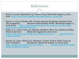 References
 Wolf, G. (2006, September 15). Kmart Corp. Retrieved August 9, 2016,
from http://www.encyclopedia.com/topic/Kmart_Corp.aspx

 Yarow, J. (2013, October 28). Former Amazon Employee Explains How
The Company's Business Model Really Works. Retrieved August 11,
2016, from http://www.businessinsider.com/amazons-profits-what-
people-dont-understand-2013-10
 Yohn, D. L. (2016, June 22). Big-Box Retailers Have Two Options If They
Want to Survive. Retrieved August 28, 2016, from
https://hbr.org/2016/06/big-box-retailers-have-two -options-if-they-
want-to-survive

 Zmuda, N. (2012, March 19). Walmart, Target, Kmart, Kohl's Lead 50
Years of Retail Revolution. Retrieved August 16, 2016, from
http://adage.com/article/news/walmart -target-kmart-kohl-s-lead-
retail-revolution/233379/
 