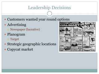 Leadership Decisions
 Customers wanted year round options
 Advertising
 Newspaper (lucrative)
 Planogram
 Target
 Strategic geographic locations
 Copycat market
 