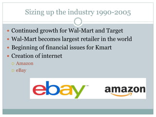 Sizing up the industry 1990-2005
 Continued growth for Wal-Mart and Target
 Wal-Mart becomes largest retailer in the world
 Beginning of financial issues for Kmart
 Creation of internet
 Amazon
 eBay
 