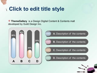 Click to edit title style
 ThemeGallery is a Design Digital Content & Contents mall
developed by Guild Design Inc.
A B C DA B C D
80%
90%
30%
55%
A. Description of the contents
B. Description of the contents
C. Description of the contents
D. Description of the contents
 
