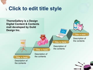 Click to edit title style
Title in here
ThemeGallery is a Design
Digital Content & Contents
mall developed by Guild
Design Inc.
Description of
the contents
Description of
the contents
Description of
the contents
Description of
the contents
Title in here
Title in here
Title in here
 