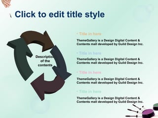 Click to edit title style
Description
of the
contents
• Title in here
ThemeGallery is a Design Digital Content &
Contents mall developed by Guild Design Inc.
• Title in here
ThemeGallery is a Design Digital Content &
Contents mall developed by Guild Design Inc.
• Title in here
ThemeGallery is a Design Digital Content &
Contents mall developed by Guild Design Inc.
• Title in here
ThemeGallery is a Design Digital Content &
Contents mall developed by Guild Design Inc.
 