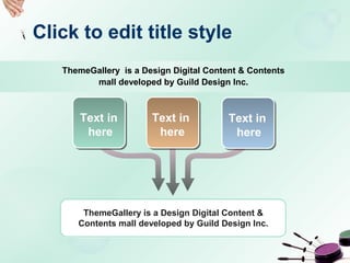 Click to edit title style
Text in
here
Text in
here
Text in
here
ThemeGallery is a Design Digital Content & Contents
mall developed by Guild Design Inc.
ThemeGallery is a Design Digital Content &
Contents mall developed by Guild Design Inc.
 