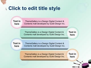 Click to edit title style
ThemeGallery is a Design Digital Content &
Contents mall developed by Guild Design Inc.
ThemeGallery is a Design Digital Content &
Contents mall developed by Guild Design Inc.
ThemeGallery is a Design Digital Content &
Contents mall developed by Guild Design Inc.
ThemeGallery is a Design Digital Content &
Contents mall developed by Guild Design Inc.
Text in
here
Text in
here
Text in
here
Text in
here
 
