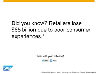 Did you know? Retailers lose
$65 billion due to poor consumer
experiences.*
*Retail Info Systems News, “Omnichannel Readin...