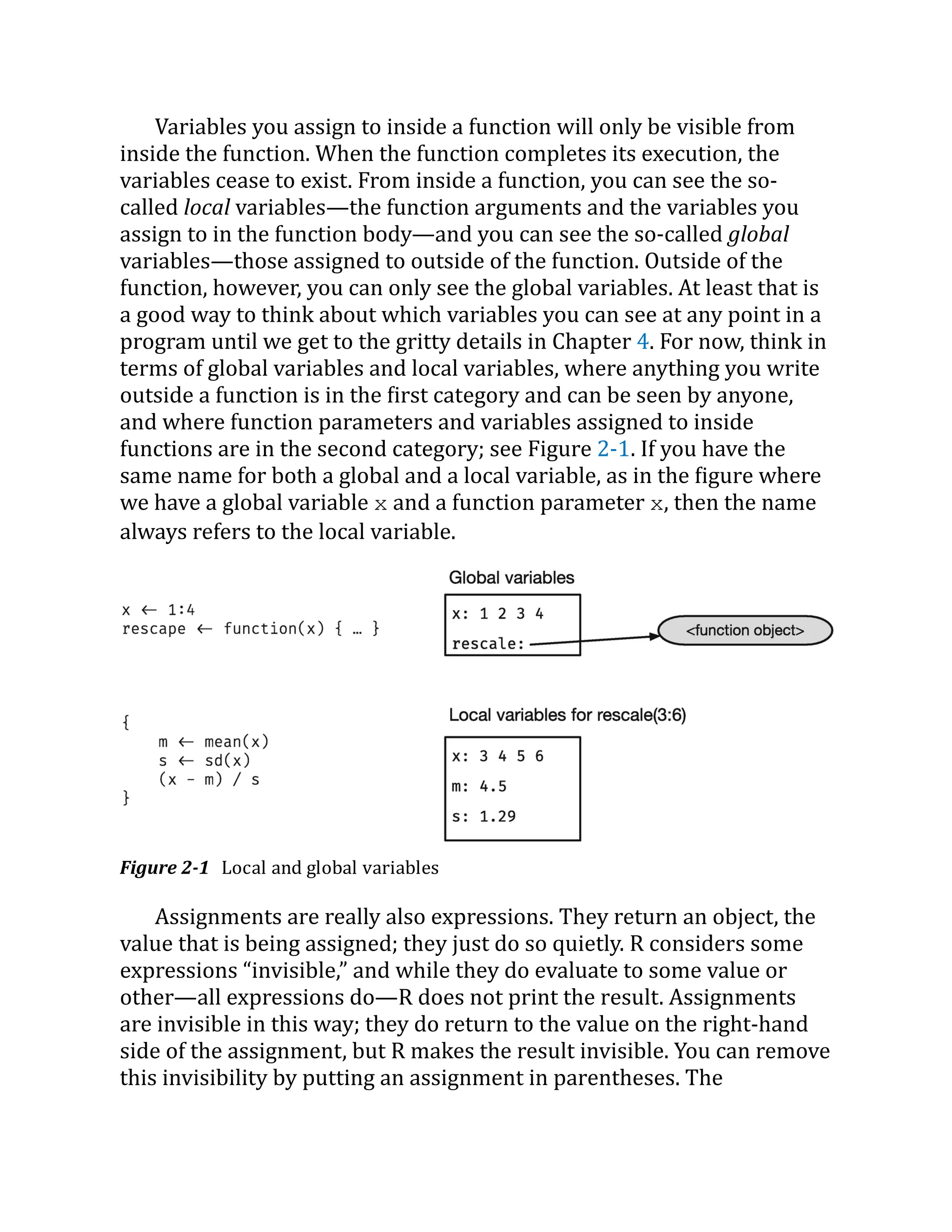 Variables you assign to inside a function will only be visible from inside the function. When the function completes its execution, the variables cease to exist. From inside a function, you can see the so- called local variables—the function arguments and the variables you assign to in the function body—and you can see the so-called global variables—those assigned to outside of the function. Outside of the function, however, you can only see the global variables. At least that is a good way to think about which variables you can see at any point in a program until we get to the gritty details in Chapter 4. For now, think in terms of global variables and local variables, where anything you write outside a function is in the first category and can be seen by anyone, and where function parameters and variables assigned to inside functions are in the second category; see Figure 2-1. If you have the same name for both a global and a local variable, as in the figure where we have a global variable x and a function parameter x, then the name always refers to the local variable. Figure 2-1 Local and global variables Assignments are really also expressions. They return an object, the value that is being assigned; they just do so quietly. R considers some expressions “invisible,” and while they do evaluate to some value or other—all expressions do—R does not print the result. Assignments are invisible in this way; they do return to the value on the right-hand side of the assignment, but R makes the result invisible. You can remove this invisibility by putting an assignment in parentheses. The 