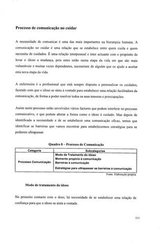 Processo de comunicação no cuidar
A necessidade de comunicar é uma das mais importantes na hierarquia humana. A
comunicação no cuidar é uma relação que se estabelece entre quem cuida e quem
necessita de cuidados. É uma relação interpessoal e inter actuante com o propósito de
levar o idoso a mudança, pois estes estão numa etapa da vida em que são mais
vulneráveis e muitas vezes dependentes, necessitam de alguém que os ajude a aceitar
esta nova etapa da vida.
A enfermeira é a profissional que está sempre disposta a personalizar os cuidados,
fazendo com que o idoso se sinta à vontade para estabelecer uma relação facilitadora da
comunicação, de forma a poder resolver todos os seus temores e preocupações.
Assim neste processo estão envolvidos vários factores que podem interferir no processo
comunicativo, e que podem alterar a forma como o idoso é cuidado. Mas depois de
identificada a necessidade e de se estabelecer uma comunicação eficaz, temos que
identificar as barreiras que vamos encontrar para estabelecermos estratégias para se
poderem ultrapassar.
Quadro 8 - Processo de Comunicação
Categoria Subcategorias
Processo Comunicação
Modo de Tratamento do idoso
Momento propicio à comunicação
Barreiras à comunicação
Estratégias para ultrapassar as barreiras à comunicação
Fonte: Elaboração própria
Modo de tratamento do idoso
No primeiro contacto com o doso, há necessidade de se estabelecer uma relação de
confiança para que o idoso se sinta a vontade.
Ill
 