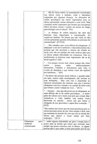 "... São de várias ordem, as normalmente encontradas
nos idosos como a audição, visão e alterações
originadas por algumas doenças. As alterações de
ordem psicológica são muito importantes pois os
idosos apresentam muitas alterações a esse nível. Mas
considero muito importante que mesmo que nos pareça
difícil devemos insistir e perder um pouco de tempo
para dialogar com os idosos." (E6)
"... as doenças de ordem psíquica são uma das
barreiras mais importantes à comunicação. As
cognitivas também. Os doente que não vêem ou não
ouvem apresentam grandes dificuldades no processo de
comunicação". (E7.E10)
" .... São variadas e por vezes difíceis de ultrapassar. A
adaptação a um novo ambiente o desconhecimento das
pessoas que vão encontrar a reserva em relação ao
modo com vão ser tratadas são tudo motivos para que
os idosos sintam dificuldade em comunicar. Para os
profissionais as barreiras mais importantes são as de
nível cognitivo".(E8)
"... Uns porque ouvem mal, outros porque não vêem
outros porque estão intelectualmente
diminuídos...Também o desinteresse pala vida, a
revolta do abandono a que muitas vezes são sujeitos
por familiares..." (E9)
" Os idosos são pessoas muito difíceis, e quando estão
em lares, muitos estão desadaptados, não aceitam as
suas limitações... falar com eles é importante as
barreiras encontradas são imensas, mas que é preciso
ultrapassar com boa vontade e no sentido de fazer com
que voltem a sentir vontade de viver. .."(Eli)
"... Imensas... mas que são possíveis de ultrapassar, as
mais difíceis são as de ordem psicológica... A maior
parte dos idosos ouve muito mal pelo que evitam falar
isolando-se...a visão também está muitas vezes
diminuída ou ausente... somos nós que temos a
obrigação de nos aproximar e captar-lhes a atenção..."
(E12)
"São muitas mas temos que ter muita paciência pois os
idosos precisam muito de nós. Nem sempre é fácil, mas
um momento de atenção faz com que eles se sintam tão
felizes que damos o nosso tempo por bem
empregue..." (E13)
Estratégias para
melhorar a
comunicação
"...tenho alguma dificuldade em gerir o tempo pois é
pouco para as tarefas que temos que executar, mas
sempre que posso converso com os idosos...se algum
precisa adio o que tenho a fazer para poder ouvi-lo no
158
 