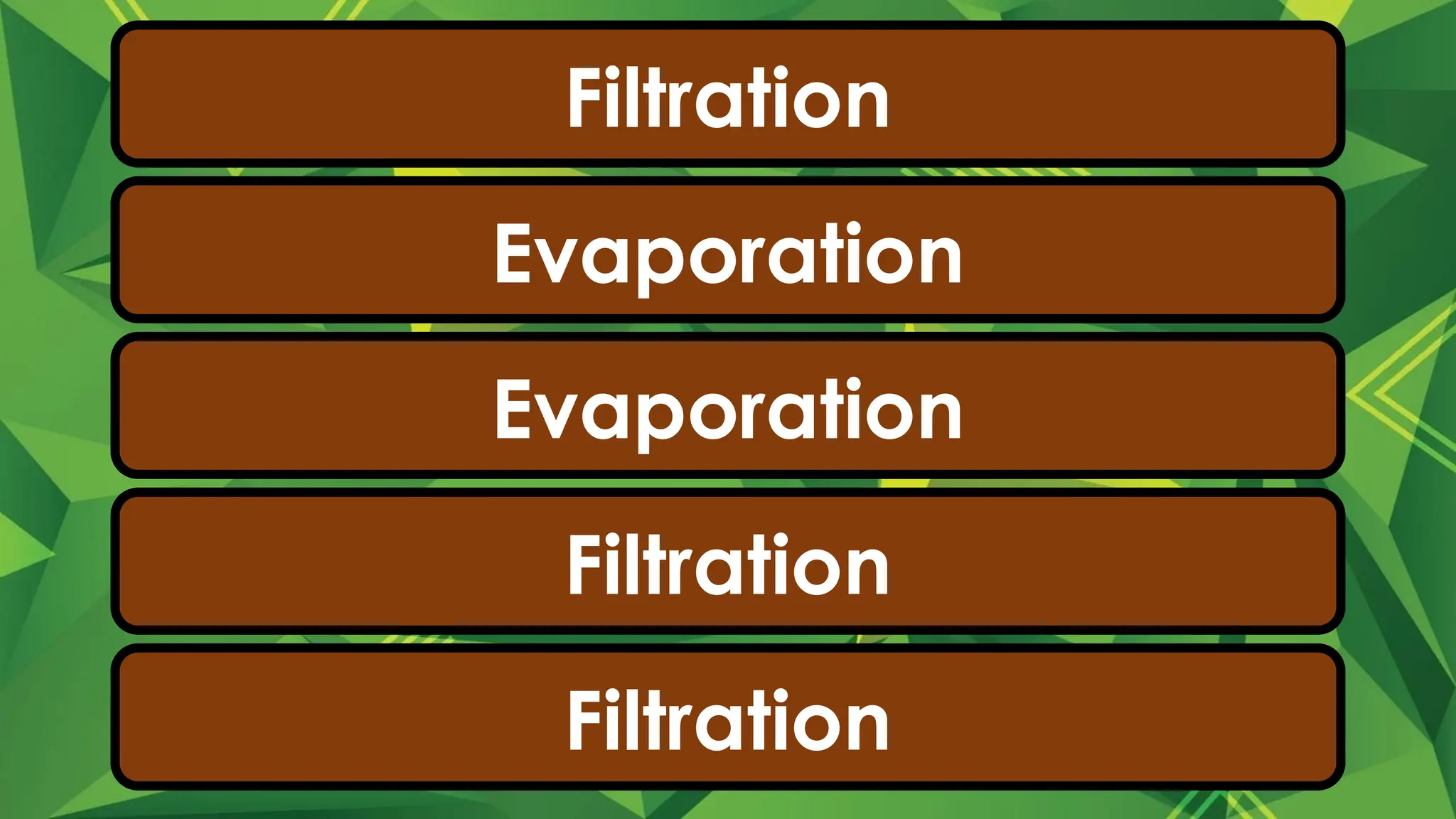 6. brewed coffee
7. water and copper sulfate
8. sugar in maple syrup
9. tamarind extract
10. cooked noodles
Filtration
Evaporation
Evaporation
Filtration
Filtration
 
