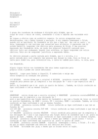 Àfikode113
Sárépègbé114
Asógbá115
Ojú Ode116
Balógun117
Balè118
O grupo dos tocadores de atabaque é dirigido pelo Alágbè, que se
ocupa de tocar o maior de todos, comandando o ritmo e impondo uma variedade enor
me
de toques e efeitos como um autêntico regente. Os outros acompanham suas
determinações, com o Àgògo fazendo a marcação. A ele compete homenagear o Òrìsà,
quando ele se manifesta. No Candomblé se diz que o Ogan vai dar rum ao santo , ou
seja, homenageá-lo com cantigas que ressaltam seus atributos. A expressão vem do
yorubá Dáhùn119, responder com cânticos pela presença do Òrìsà. É uma possível
expressão dos Candomblés Jeje, em razão dos próprios Voduns120 cantarem seus
cânticos junto aos atabaques. Quando isso acontece, os Ogans respondem com outros
cânticos. Este ato de responder justificou a expressão Dáhùn.
Os cânticos possuem a parte cantada pelo Alágbè, que é o solista, e a
parte cantada pelo coro composto das pessoas que dançam na roda. Para os Òrìsà se
canta para chamá-los, para reverenciá-los, e canta-se também para subir, ou seja, para
sua despedida.
Alguns toques feitos nos Candomblés têm seus nomes sugeridos pelo
próprio ritmo e podem ser assim definidos:
Àgèrè121 toque para Òsóòsì e Lógun122. É cadenciado e exige uma
certa elegância na condução dos passos;
113 ÀFIKODE outros dizem que o original é AFIKODE pronúncia correta AFÍKÓDÉ título
recebido pela pessoa que já completou a sua obrigação de 7 anos e que especifica uma f
unção
dentro do Candomblé que é um posto no quarto de Oxóssi . Também, um título conferido ao
Ogan confirmado e com as mesmas funções.
114
SÁRÉPÈGBÉ outros dizem que a escrita original é SÁREPÉGBÉ pronúncia corretaSÁRÊPÉBÉ ou
la pessoa que já completou a sua obrigação de 7
anos e que especifica uma função dentro do Candomblé e que tem a função de levar os convit
es aoutros Candomblés, de SÁRE = correr, PÈ = convidar, ÉGBÉ = sociedade. Também, um título
conferido ao Ogan confirmado e com as mesmas funções.
115 ASÓGBÁ pronúncia correta ASÓBÁ título conferido ao Ogan confirmado e que tem as
funções de ???
116 OJÚ ODE pronúncia correta ÔJÚ ODÉ título conferido ao Ogan confirmado e que tem asf
??? OJÚ = olhar.
117 BALÓGUN pronúncia correta BÁLÔGUN título recebido pela pessoa que já completou a
sua obrigação de 7 anos e que especifica uma função dentro do Candomblé que é um posto no
quarto de Ogum . Também, um título conferido ao Ogan confirmado e com as mesmas funções.
118 BALÈ pronúncia correta BÁLÉ Seria o mesmo que ÌGBÀLÈ ? (grifo nosso) = título
conferido ao Ogan confirmado que significa um posto no quarto de Iansã .
119 DÁHÙN pronúncia correta DARRUM significa homenagear o Santo, o Orixá . É o ato
em que os Ogans respondem com cânticos aos cânticos dos Orixás.
120 VODUN divindade dos jeje; o mesmo que os Orixás entre os nagôs.
 