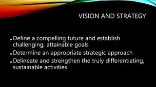 VISION AND STRATEGY
•Define a compelling future and establish
challenging, attainable goals
•Determine an appropriate strategic approach
•Delineate and strengthen the truly differentiating,
sustainable activities
 