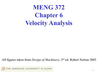 1
1
All figures taken from Design of Machinery, 3rd ed. Robert Norton 2003
MENG 372
Chapter 6
Velocity Analysis
 