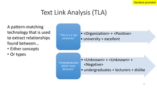Text Link Analysis (TLA)
A pattern-matching
technology that is used
to extract relationships
found between…
• Either concepts
• Or types
• <Organization> + <Positive>
• university + excellent
“This is a 5 star
university”
• <Unknown> + <Unknown> +
<Negative>
• undergraduates + lecturers + dislike
“Undergraduates
abhor mere
lecturers”
13
Handout provided
 