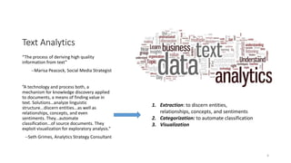 Text Analytics
“The process of deriving high quality
information from text”
--Marisa Peacock, Social Media Strategist
”A technology and process both, a
mechanism for knowledge discovery applied
to documents, a means of finding value in
text. Solutions…analyze linguistic
structure...discern entities...as well as
relationships, concepts, and even
sentiments. They...automate
classification...of source documents. They
exploit visualization for exploratory analysis.”
--Seth Grimes, Analytics Strategy Consultant
1. Extraction: to discern entities,
relationships, concepts, and sentiments
2. Categorization: to automate classification
3. Visualization
4
 